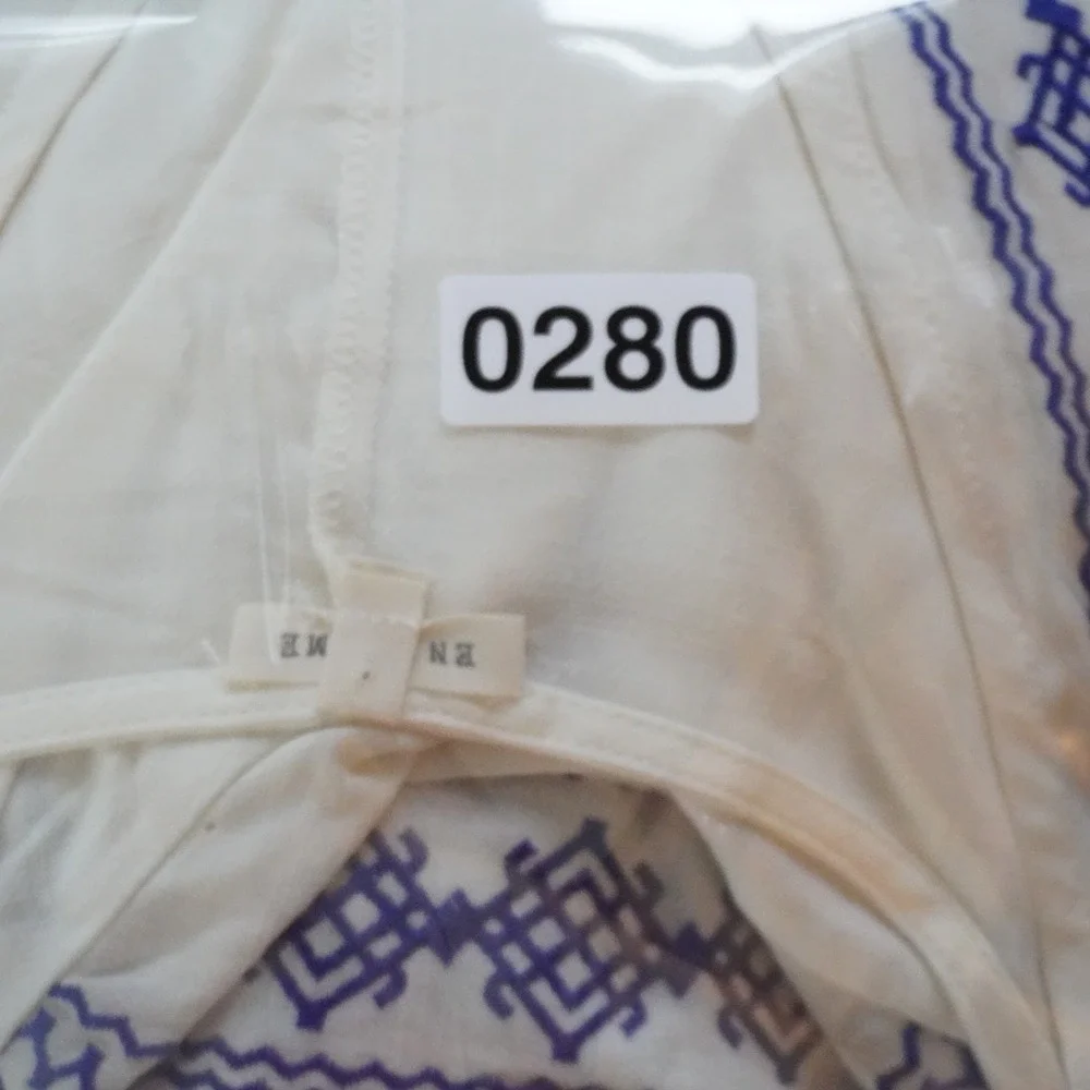 En Creme White Blue Embroidered V Neck Tiered Mini Dress S Resort‎ Beach Greek
